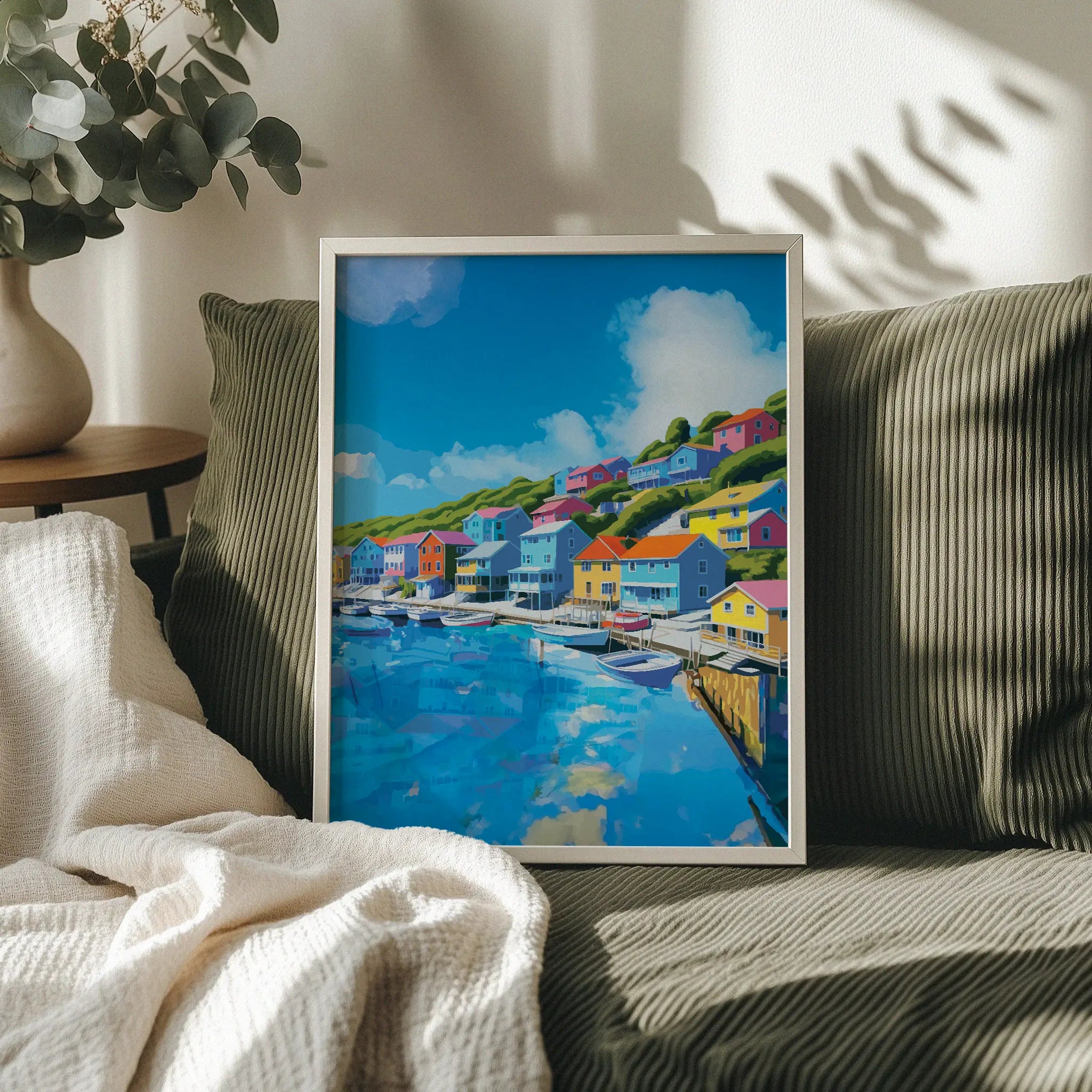 Charming harbor town wall art featuring vibrant seaside houses in bold colors lining a hillside above a marina filled with boats, under a bright blue sky with fluffy clouds reflected in the water