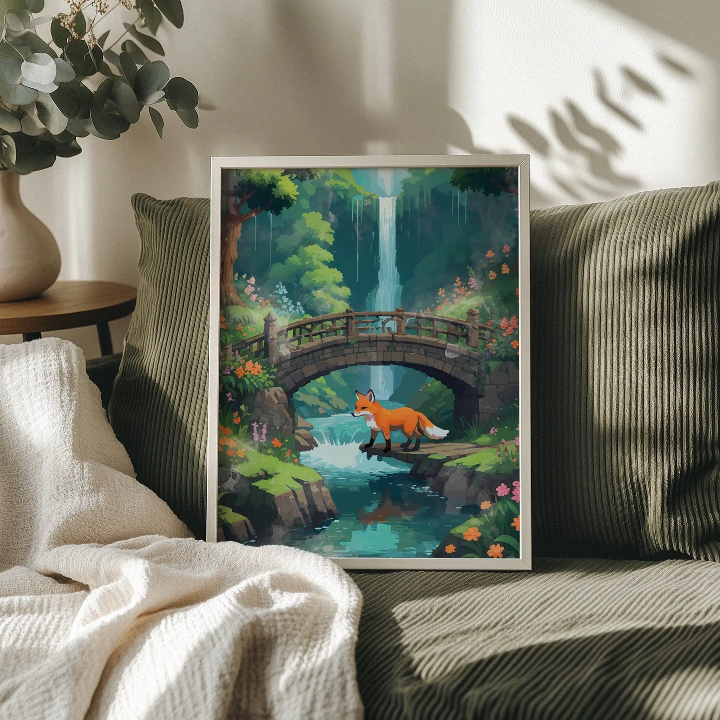 Whimsical printable wall art featuring a red fox crossing a stream beneath a stone bridge, surrounded by lush forest, colorful flowers, and a tall cascading waterfall - ideal for nature lovers, woodland nursery decor, or fantasy-themed interiors