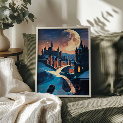 Magical night scene featuring a grand castle illuminated under a massive glowing full moon. A winding road and bridge lead to the castle gates as a car approaches through the snowy landscape, creating a mysterious and enchanting fantasy atmosphere.