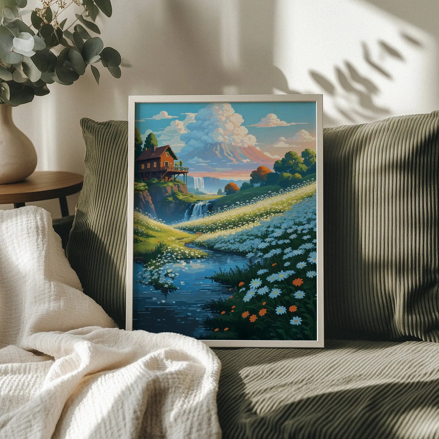 Printable wall art of a serene mountain landscape with a cozy wooden cabin, wildflower meadow, flowing river, and distant waterfall under a colorful sky, perfect for nature-inspired home decor