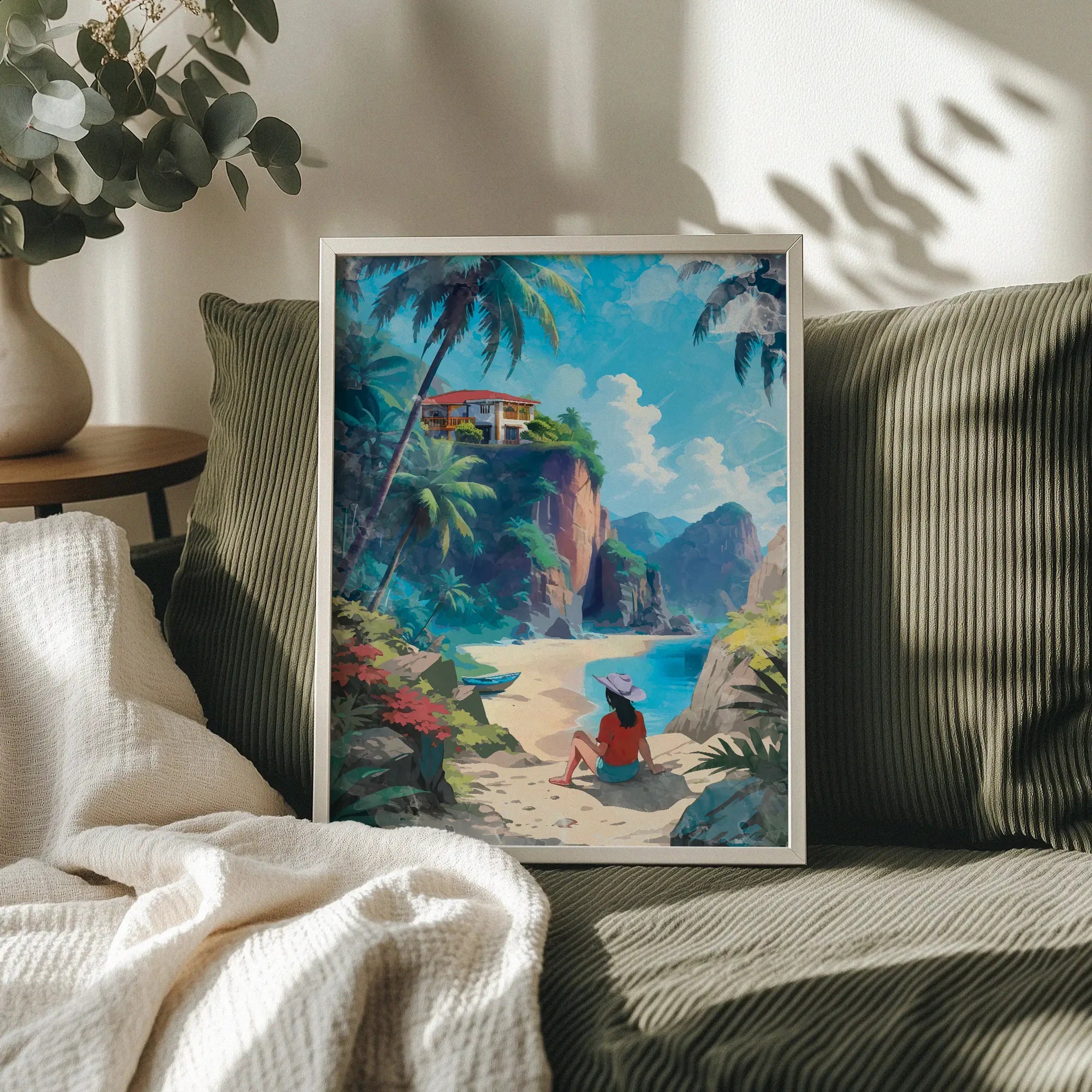 Tropical beach escape printable wall art featuring a woman in a sunhat sitting on a sandy shore, gazing at a luxury villa perched atop a lush cliff surrounded by palm trees, with turquoise waters and mountains in the background, perfect for vacation, wanderlust, or coastal-inspired decor