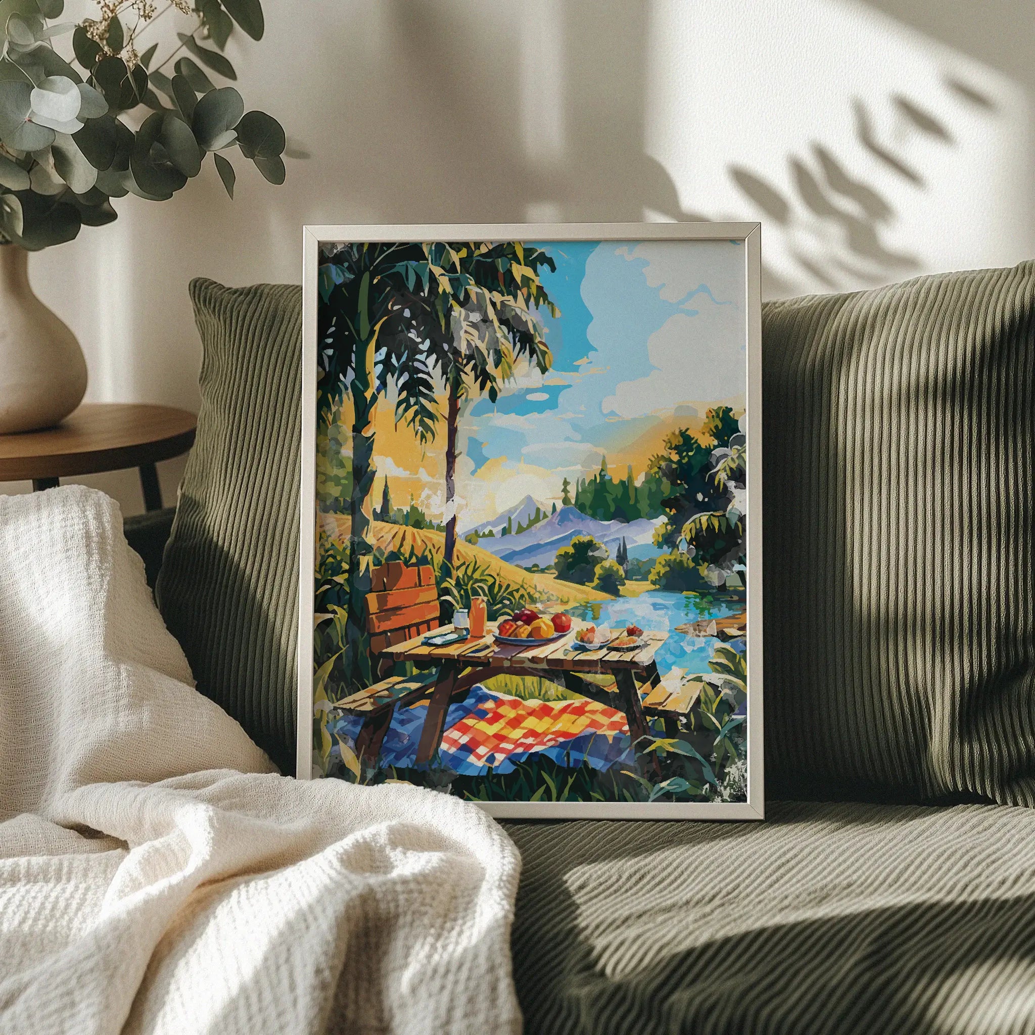 Vibrant picnic-themed printable wall art depicting a rustic wooden table set with fruit, juice, and pastries beside a lake, surrounded by palm trees, mountains, and a colorful sky - perfect for summer decor, kitchen walls, or outdoor-inspired spaces