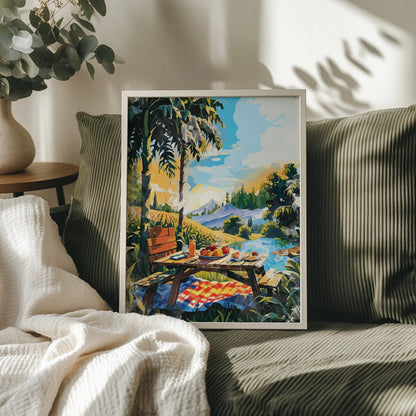 Vibrant picnic-themed printable wall art depicting a rustic wooden table set with fruit, juice, and pastries beside a lake, surrounded by palm trees, mountains, and a colorful sky - perfect for summer decor, kitchen walls, or outdoor-inspired spaces