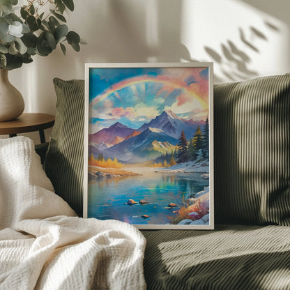 Majestic mountain landscape featuring snow-capped peaks under a radiant pastel sky with a glowing rainbow arching overhead. A calm turquoise lake reflects the colours of the sky and surrounding pine trees, creating a dreamy and uplifting nature scene filled with light and serenity.
