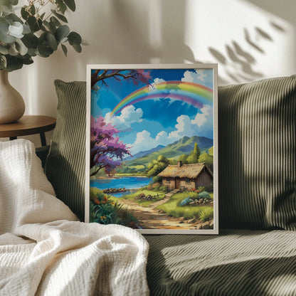 Whimsical countryside illustration featuring a cozy thatched cottage beside a peaceful lake, surrounded by rolling green hills, blooming trees, and a vibrant rainbow arching across a bright blue sky. Dreamy nature wall art with a fairytale, cottagecore aesthetic and soft, uplifting colors. Printable Wall Art. Digital Download.