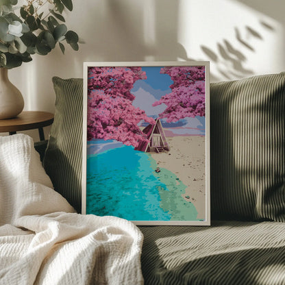 Whimsical beach cabin wall art featuring an A-frame hut nestled between turquoise ocean waves and golden sand, framed by blooming pink cherry blossom trees under a pastel sky