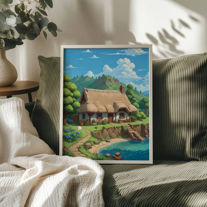 Charming printable wall art featuring a cozy thatched-roof cottage by a clear blue pond, surrounded by blooming flowers, lush greenery, and distant mountain views under a bright sky - perfect for cottagecore, fairytale, or nature-inspired home decor