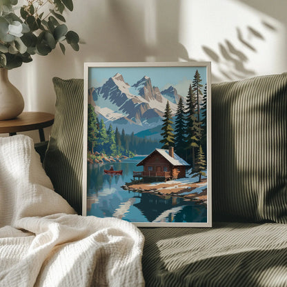 Rustic winter cabin printable wall art featuring a cozy log cabin on the edge of a tranquil lake, surrounded by snow-dusted pine trees and dramatic snow-covered mountain peaks, with a red canoe gliding across the water, perfect for cabin, adventure, or nature-inspired decor