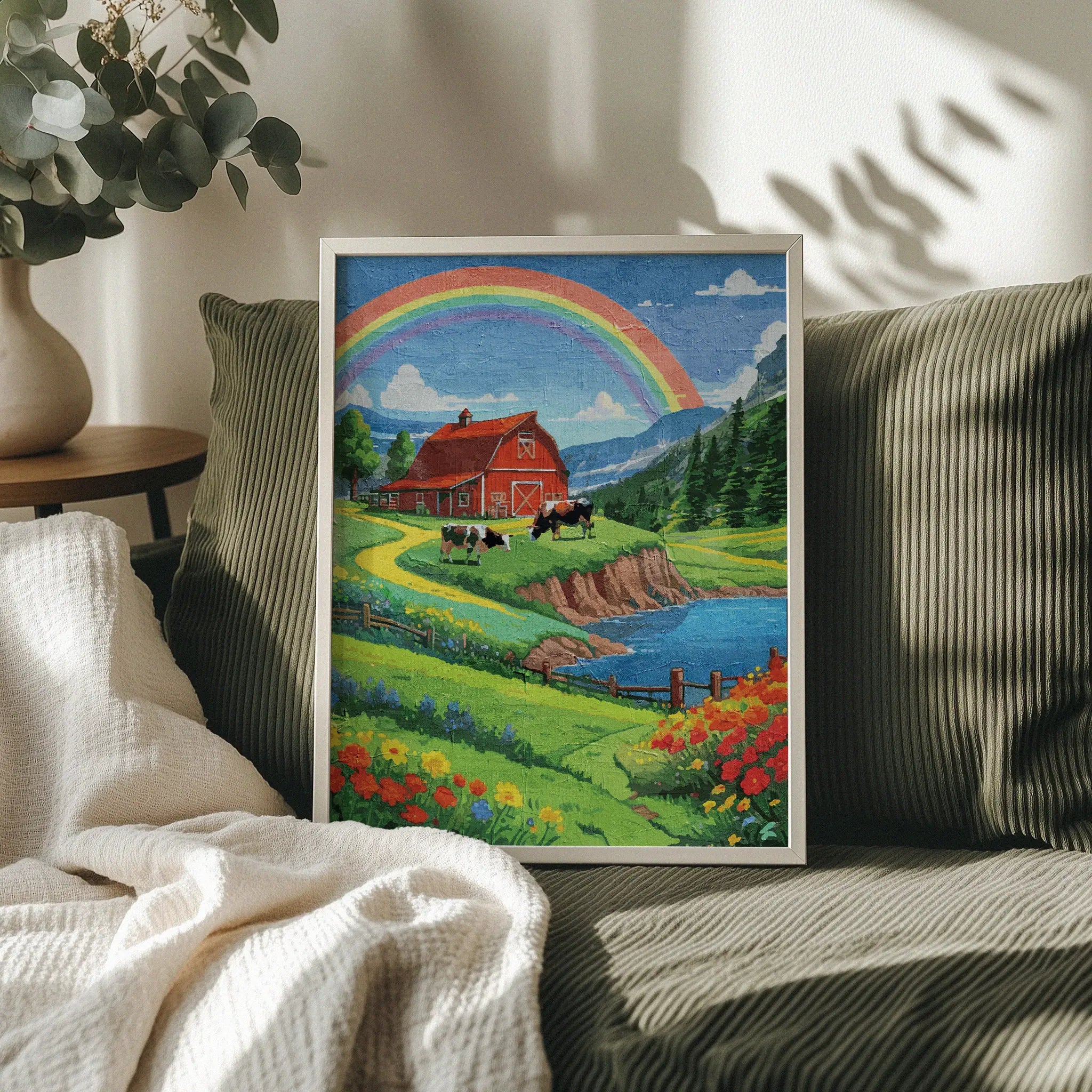 Charming countryside printable wall art featuring a vibrant red barn, grazing cows, colorful wildflowers, and a winding path beside a sparkling lake, all under a bright rainbow arching across a blue sky - perfect for farmhouse, cottagecore, or rural-themed decor