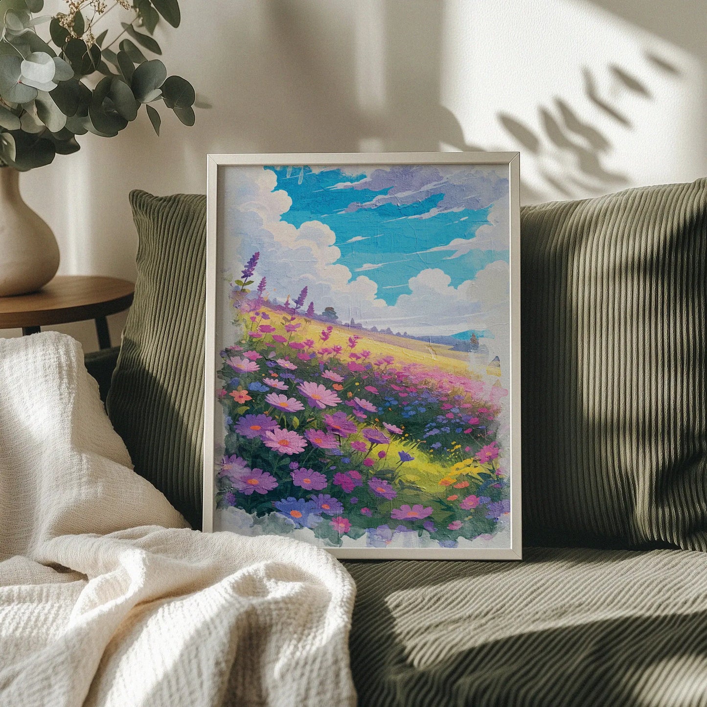 Vibrant printable wall art of a dreamy wildflower field in full bloom, featuring purple, pink, and blue blossoms under a bright blue sky with fluffy clouds, evoking warmth, joy, and a touch of whimsy