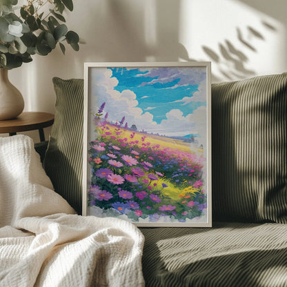 Vibrant printable wall art of a dreamy wildflower field in full bloom, featuring purple, pink, and blue blossoms under a bright blue sky with fluffy clouds, evoking warmth, joy, and a touch of whimsy
