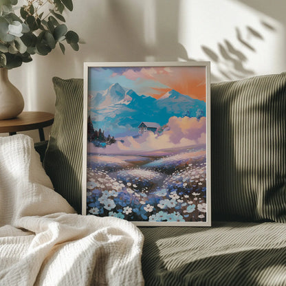 Dreamy landscape printable wall art featuring a field of soft blue and white wildflowers leading to a cottage nestled in the clouds, with majestic blue mountains and a glowing sunset sky in the background - perfect for fantasy, floral, or serene nature-inspired decor