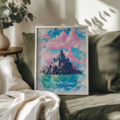 Dreamy fantasy castle wall art featuring a majestic stone castle perched on a rocky island, surrounded by turquoise waters and pink cherry blossom trees, under a sky filled with cotton candy clouds