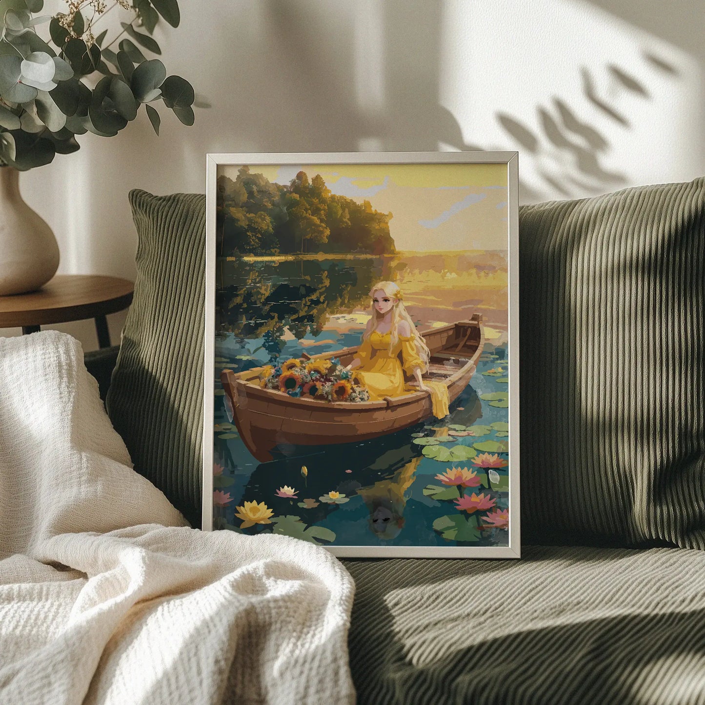 Romantic fantasy-style printable wall art featuring a blonde woman in a flowing yellow dress sitting in a wooden boat adorned with sunflowers, floating on a tranquil lily-covered lake at sunset - perfect for fairytale, cottagecore, or dreamy feminine decor