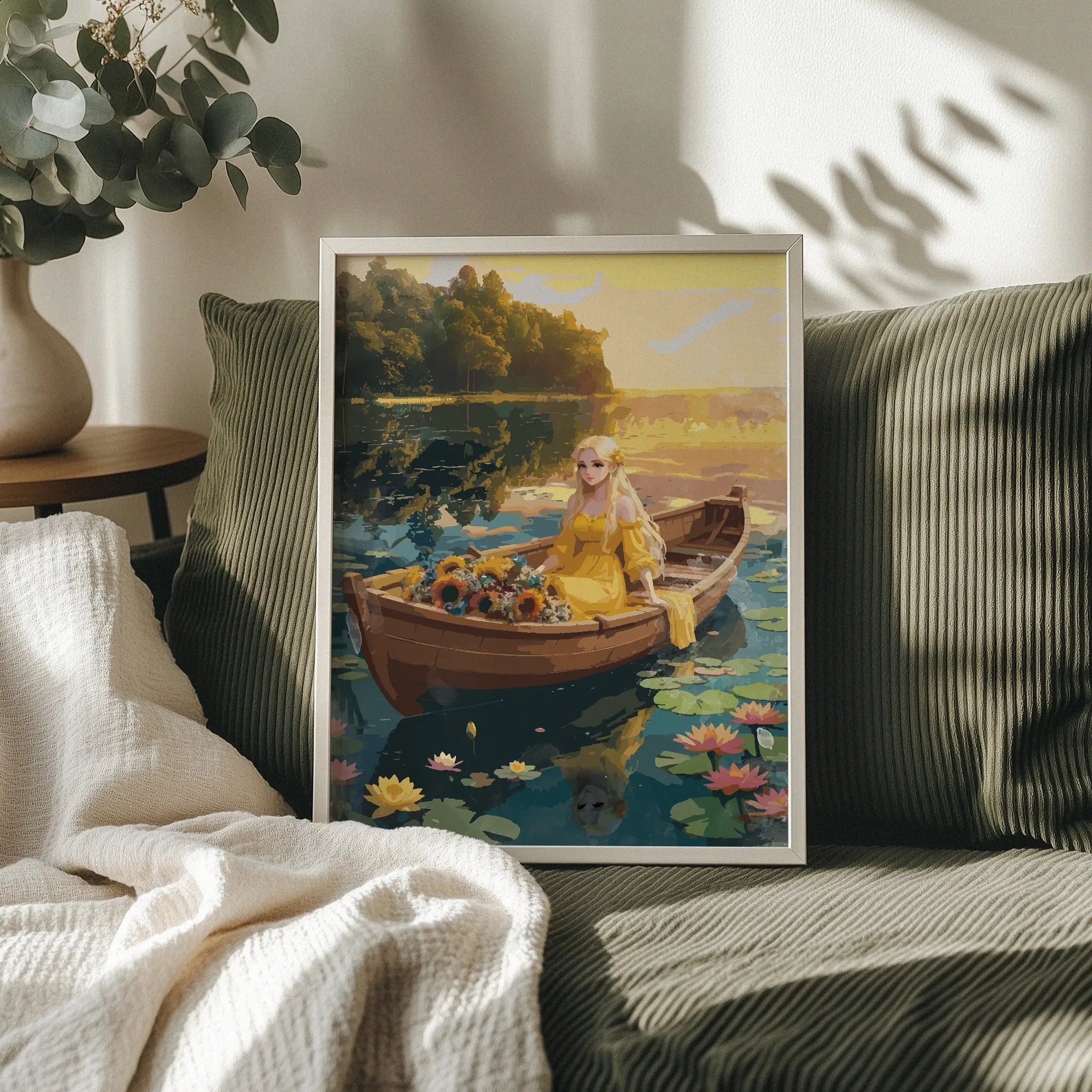 Romantic fantasy-style printable wall art featuring a blonde woman in a flowing yellow dress sitting in a wooden boat adorned with sunflowers, floating on a tranquil lily-covered lake at sunset - perfect for fairytale, cottagecore, or dreamy feminine decor