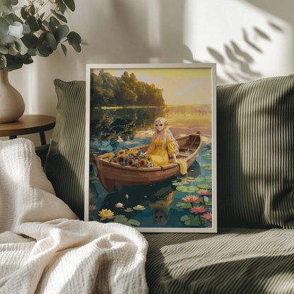 Romantic fantasy-style printable wall art featuring a blonde woman in a flowing yellow dress sitting in a wooden boat adorned with sunflowers, floating on a tranquil lily-covered lake at sunset - perfect for fairytale, cottagecore, or dreamy feminine decor