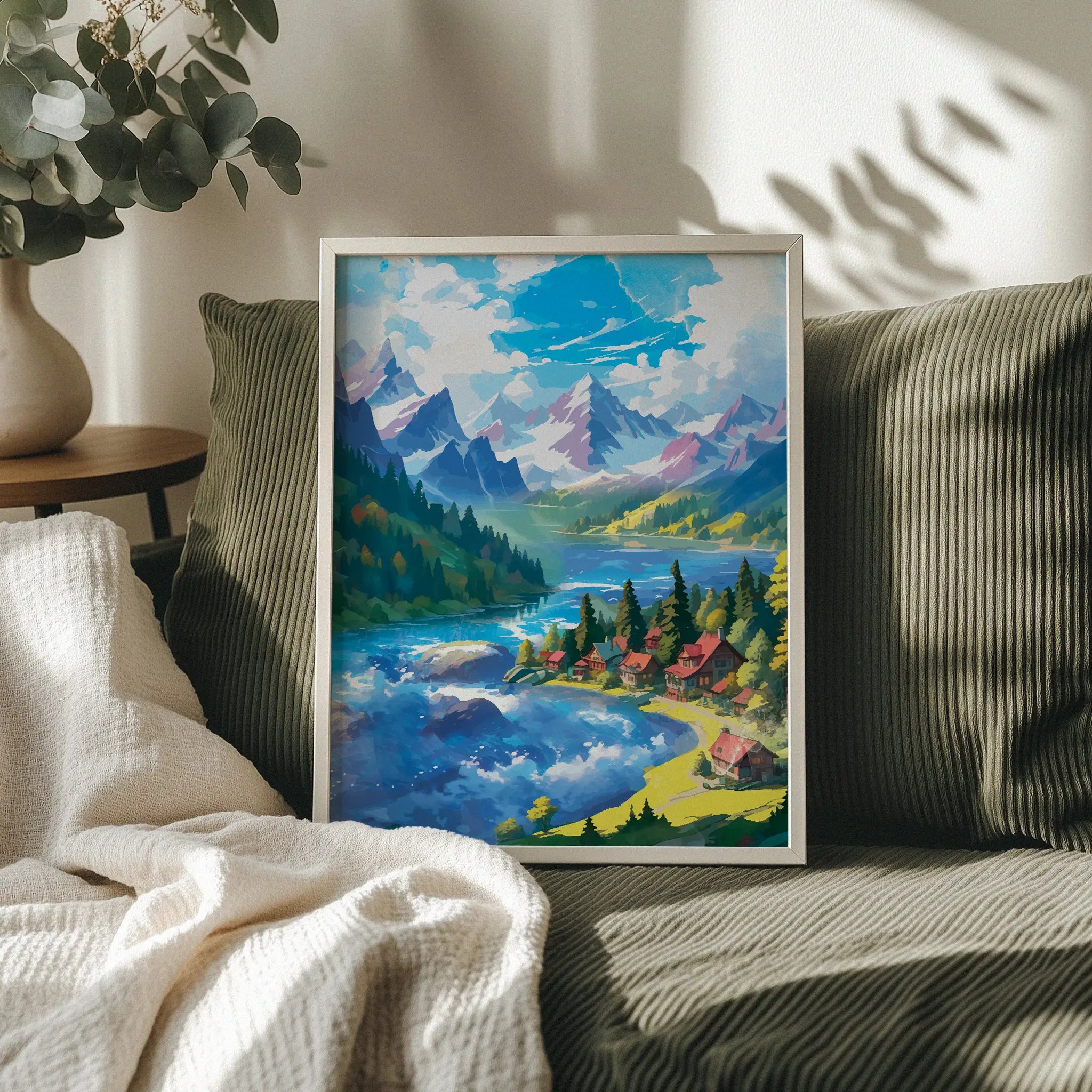 Majestic mountain lake printable wall art featuring a row of cozy red-roofed cabins nestled among pine trees beside a vibrant blue river, with dramatic snow-capped peaks and a bright sky overhead - perfect for alpine, nature retreat, or outdoor adventure-themed decor