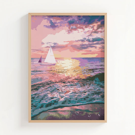 Romantic ocean sunset wall art featuring sailboats gliding across colorful waves under a glowing pink and purple sky, with sunlight reflecting beautifully on the water’s surface