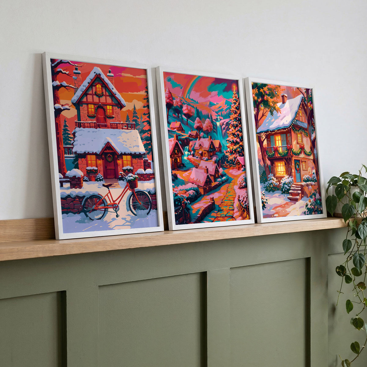 Three framed Christmas landscape wall art prints on a wood shelf against sage green panelling — a red bicycle snow cottage, a fantasy pink village with teal waterfall, and a garland-decorated stone cottage with teal door and shutters in bold orange, teal, and coral