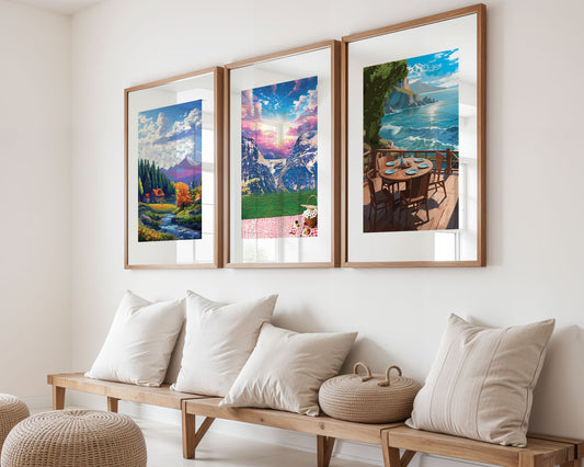 Set of 3 printable wall art pieces featuring scenic landscapes: a cosy riverside cabin surrounded by pine trees, a vibrant alpine picnic scene with dramatic mountains, and a serene coastal dining view with ocean waves, perfect for creating a calming nature-inspired gallery wall