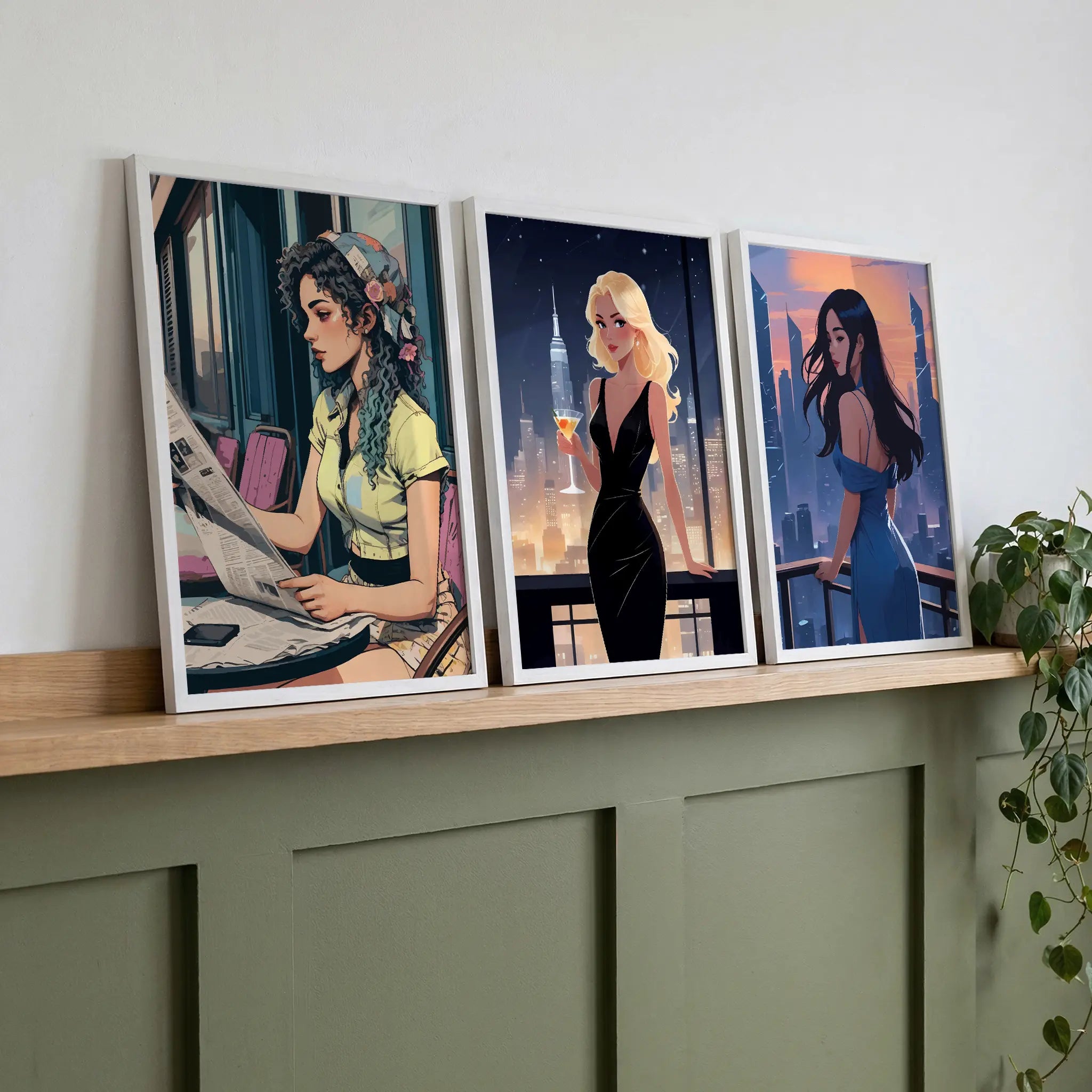 Set of three stylish digital art prints featuring elegant women in modern, cinematic scenes - perfect printable wall art bundle for chic, contemporary home or gallery-style decor