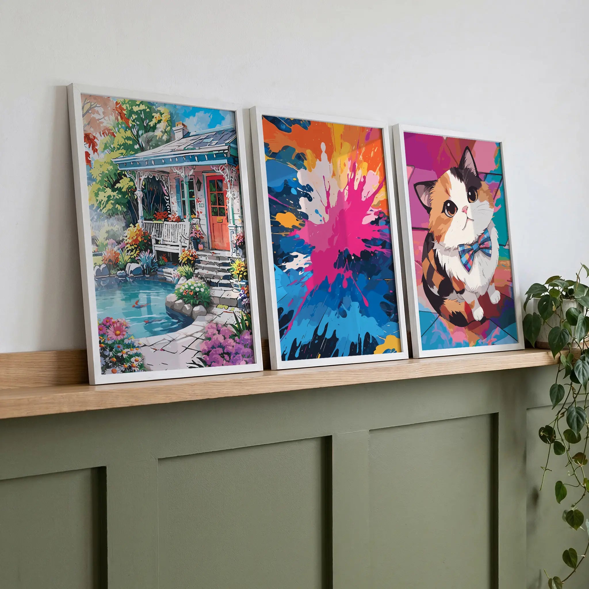 Set of 3 printable wall art pieces featuring a cosy cottage by a pond surrounded by flowers, a bold and dynamic multicolour paint splash, and an adorable calico cat with a plaid bowtie on a vibrant abstract background, perfect for brightening up eclectic or modern interiors.
