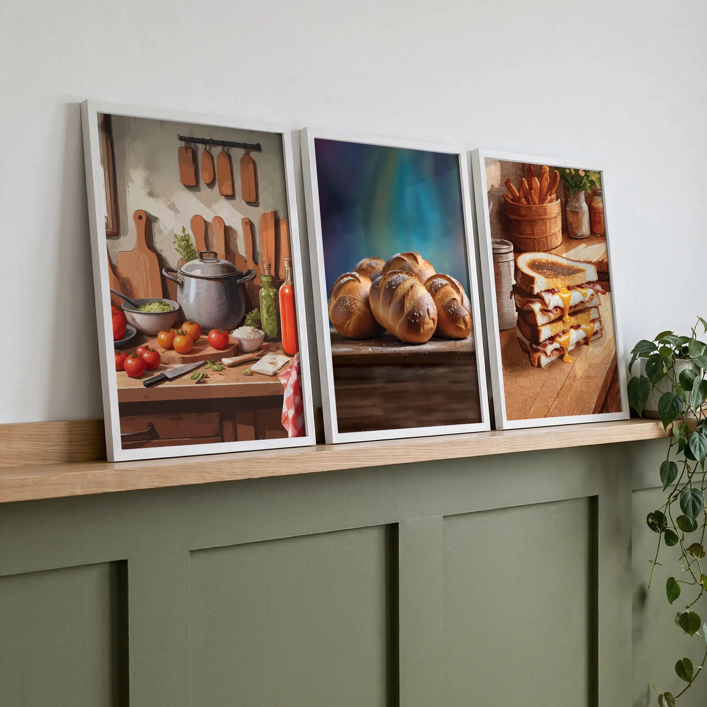 Set of 3 printable kitchen wall art prints featuring a rustic cooking scene with fresh vegetables, golden chocolate-stuffed buns on a wooden table, and a stack of gooey grilled cheese sandwiches, perfect for adding warmth and flavour to your kitchen or dining space