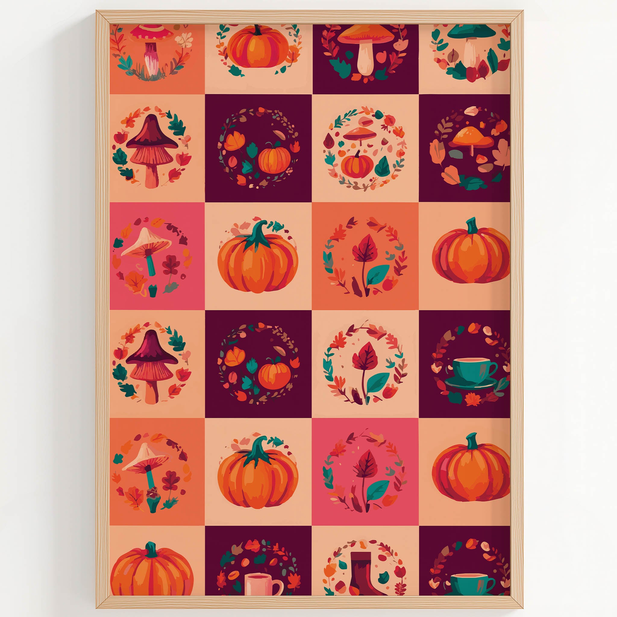 Autumn illustration sticker sheet with pumpkins, mushrooms, fall leaves, and a teal tea cup arranged in circular wreaths on a warm checkerboard background