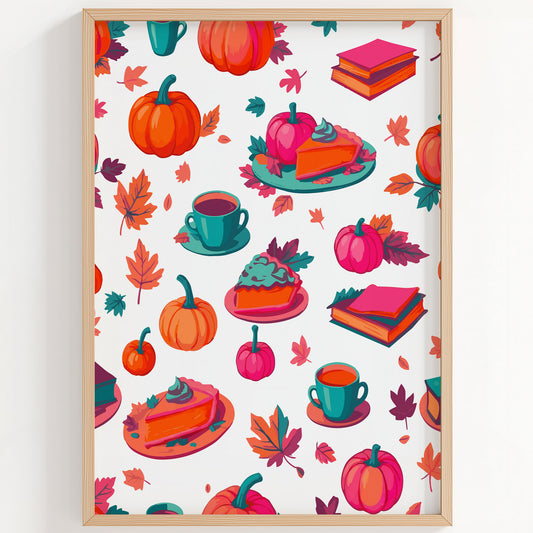 Bold illustrated autumn pattern print on white with pumpkin pie slices, teal coffee cups, stacked books, orange and pink pumpkins, and scattered fall leaves in a repeating cozy layout