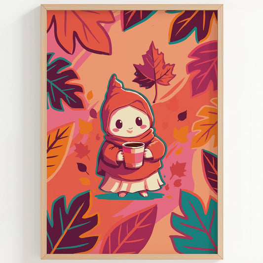 Dopamine-style whimsical fall print - a round-cheeked chibi gnome figure bundled in a pointed rust hood and cream skirt, clutching a hot drink amid bold scattered autumn foliage in orange and teal