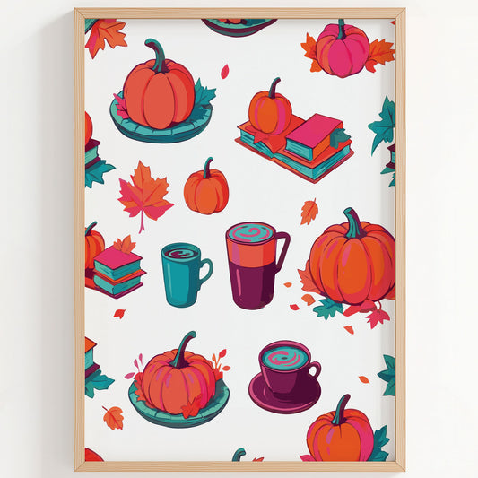 Bold illustrated autumn pattern print on white with pumpkins on teal plates, stacked teal and pink books, plum latte mugs with teal swirl foam, and scattered fall leaves