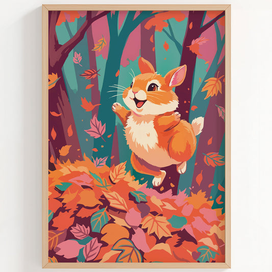 Illustrated autumn woodland print with a joyful orange bunny leaping through a pile of fall leaves in a forest of teal and burgundy trees