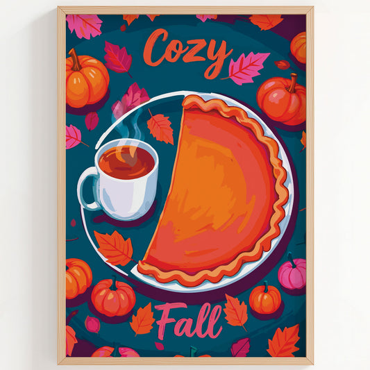 Bold illustrated "Cozy Fall" kitchen wall art with an overhead view of a pumpkin pie, steaming coffee mug, scattered pumpkins and autumn leaves on a deep teal background