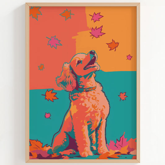 Bold illustrated golden doodle wall art with a joyful curly-haired dog looking up at falling autumn leaves on a colour-blocked background of coral, orange, and teal