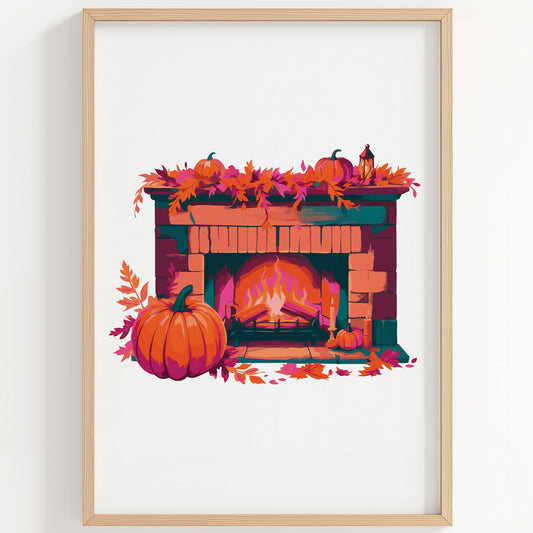 Illustrated autumn fireplace print on a white background with a roaring fire, teal brick surround, orange and magenta pumpkins, fall leaf garland, and a lantern on the mantel
