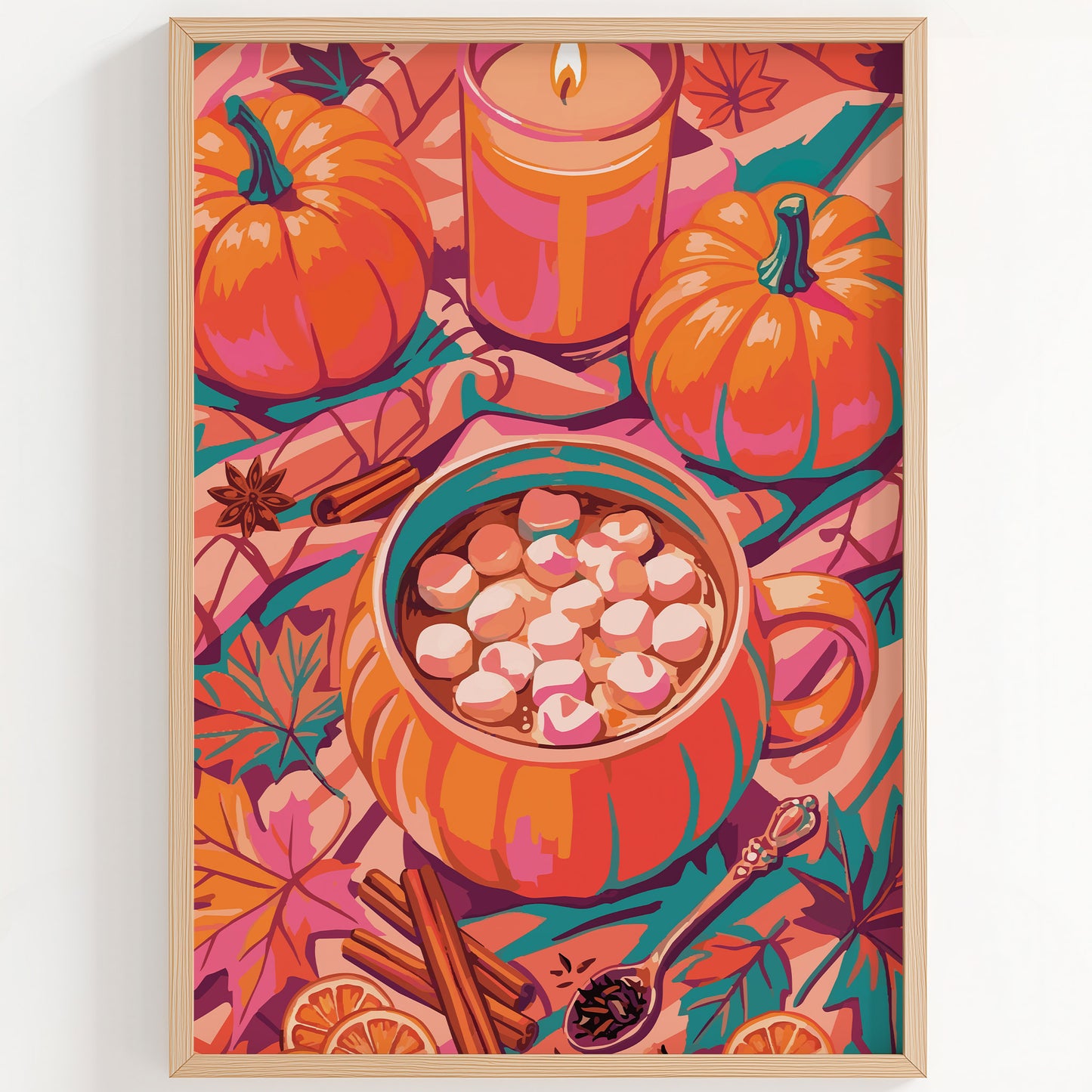 Bold illustrated fall kitchen wall art with an overhead view of a pumpkin-shaped mug overflowing with marshmallows, surrounded by pumpkins, a glowing candle, cinnamon sticks, star anise, and teal autumn leaves