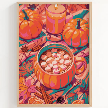 Bold illustrated fall kitchen wall art with an overhead view of a pumpkin-shaped mug overflowing with marshmallows, surrounded by pumpkins, a glowing candle, cinnamon sticks, star anise, and teal autumn leaves