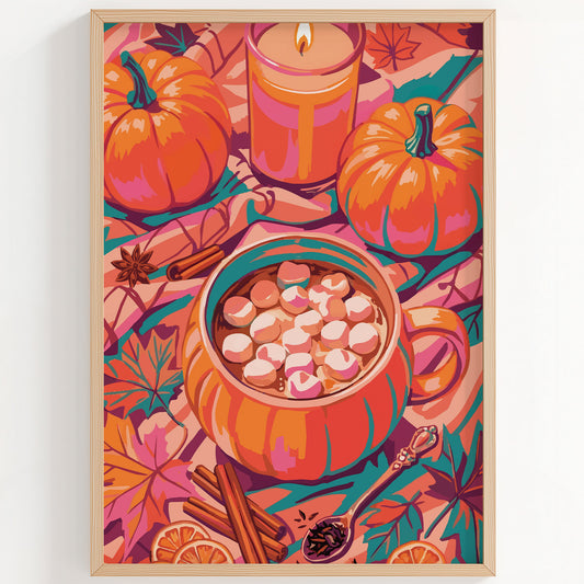 Bold illustrated fall kitchen wall art with an overhead view of a pumpkin-shaped mug overflowing with marshmallows, surrounded by pumpkins, a glowing candle, cinnamon sticks, star anise, and teal autumn leaves