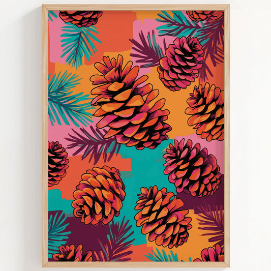 Bold illustrated pine cone wall art with teal evergreen branches on a colour-blocked background of orange, pink, teal, and plum