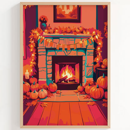 Bold illustrated autumn fireplace wall art with glowing fire, teal stone surround, pumpkins, fall leaf garland, string lights, and a bunting banner in warm orange and pink tones