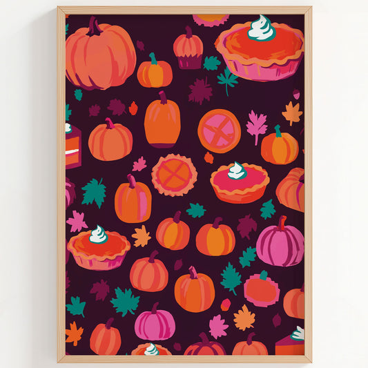 Maximalist Thanksgiving wall art - a dense all-over pattern of illustrated pumpkins, whole and sliced pumpkin pies with cream swirls, and fall foliage in orange, magenta, and teal on dark burgundy