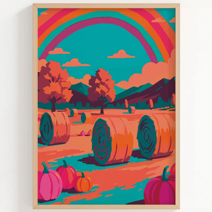 Dopamine-style harvest field wall art - a painterly farm scene with oversized rolled hay bales, scattered pumpkins in pink and orange, and a bold multicolour rainbow over a teal mountain backdrop
