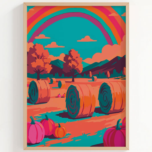 Dopamine-style harvest field wall art - a painterly farm scene with oversized rolled hay bales, scattered pumpkins in pink and orange, and a bold multicolour rainbow over a teal mountain backdrop