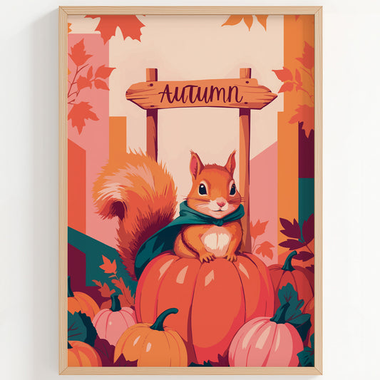 Bold illustrated autumn wall art with a confident red squirrel wearing a teal cape perched on a pumpkin patch beneath a rustic wooden "Autumn" sign, surrounded by orange and pink pumpkins and fall foliage