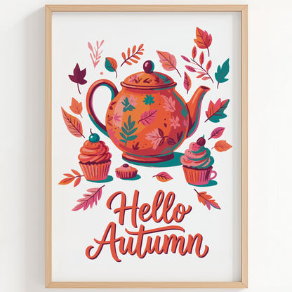 Bold hand-lettered fall wall art with an oversized illustrated teapot decorated with teal botanicals, flanked by pink-frosted cupcakes and drifting autumn leaves on a clean white ground