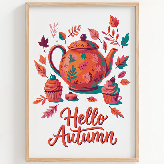 Bold hand-lettered fall wall art with an oversized illustrated teapot decorated with teal botanicals, flanked by pink-frosted cupcakes and drifting autumn leaves on a clean white ground