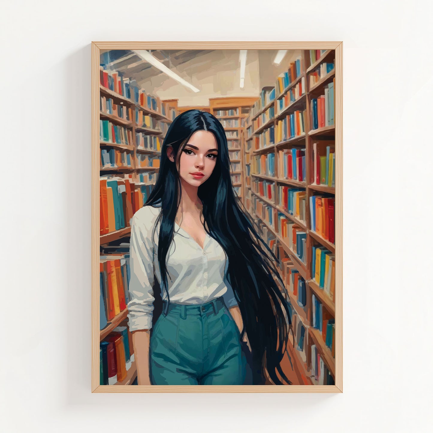 Portrait artwork of a dark-haired woman standing between bookshelves in a cosy library setting