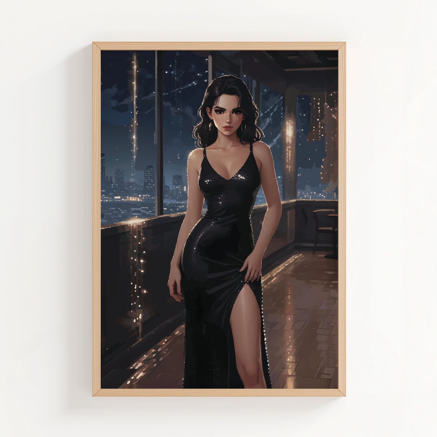 Elegant portrait artwork of a woman in a black evening dress standing in a city lounge with glowing night lights