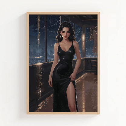 Elegant portrait artwork of a woman in a black evening dress standing in a city lounge with glowing night lights