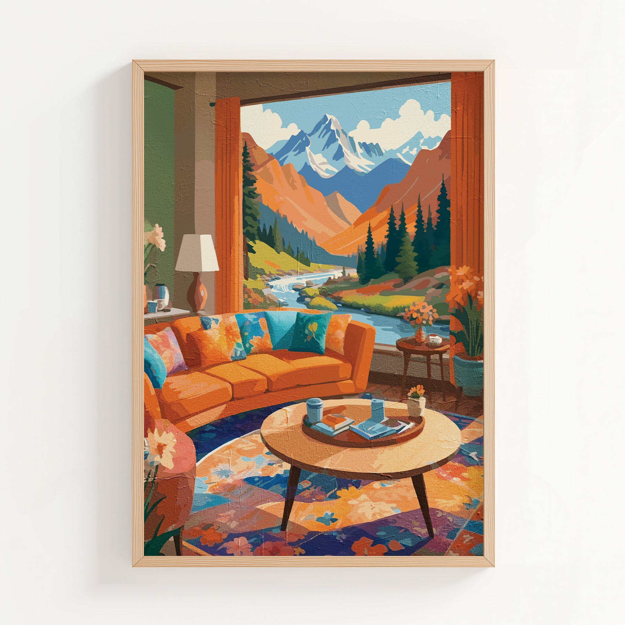 Cosy living room artwork with orange sofa and mountain landscape view through large panoramic windows